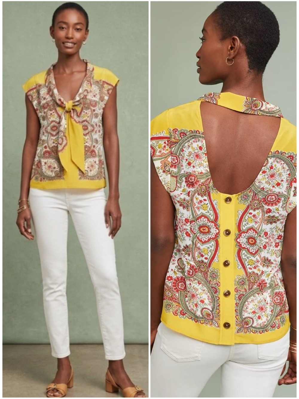 Anthropologie Maeve 100% Silk Yellow Ornate Paisley Blouse Size 6 Small